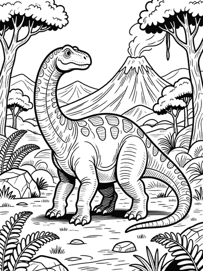 Detailed Brontosaurus Prehistoric Scene Coloring Page