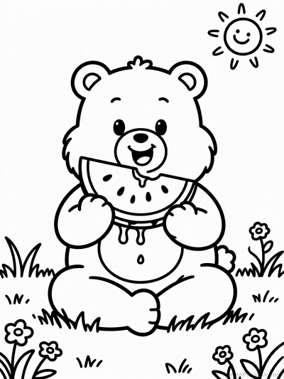 Cute Care Bear Eating Watermelon Coloring Page