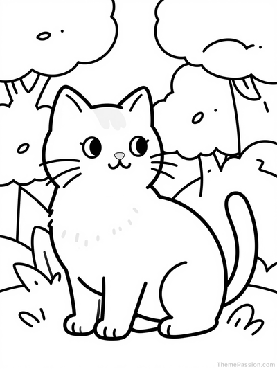 Cat in Nature Outdoor Scene Coloring Page