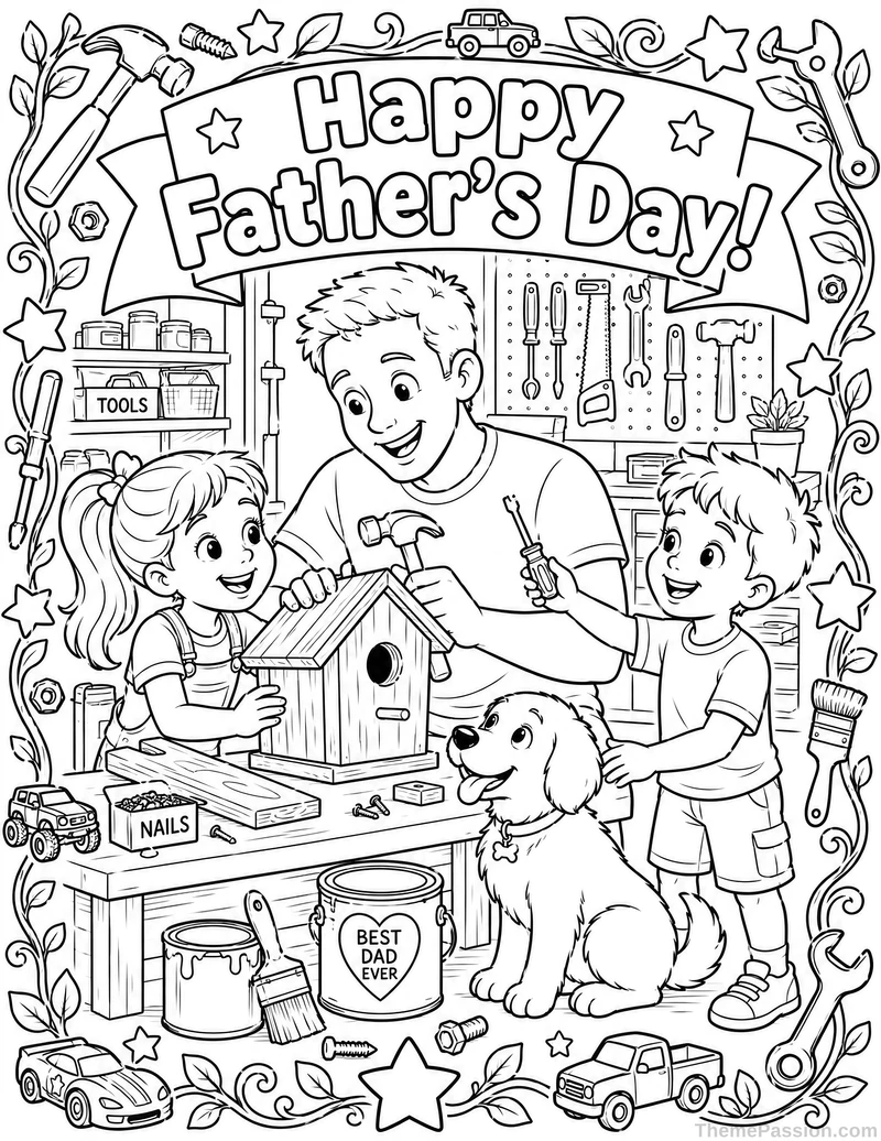 Happy Father's Day with Dad and Kids Coloring Page