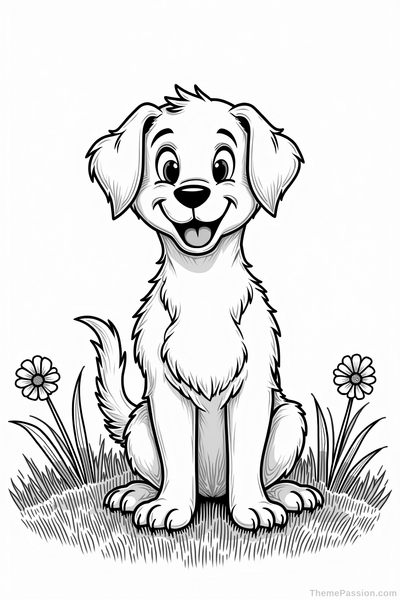Cheerful Dog in a Field Coloring Page
