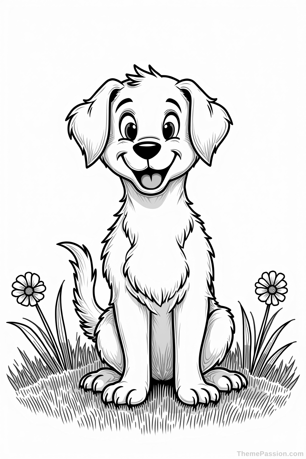 Cheerful Dog in a Field Coloring Page