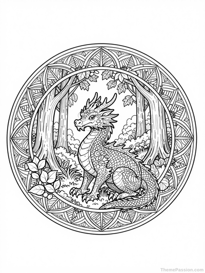 Dragon Mandala Forest Coloring Page