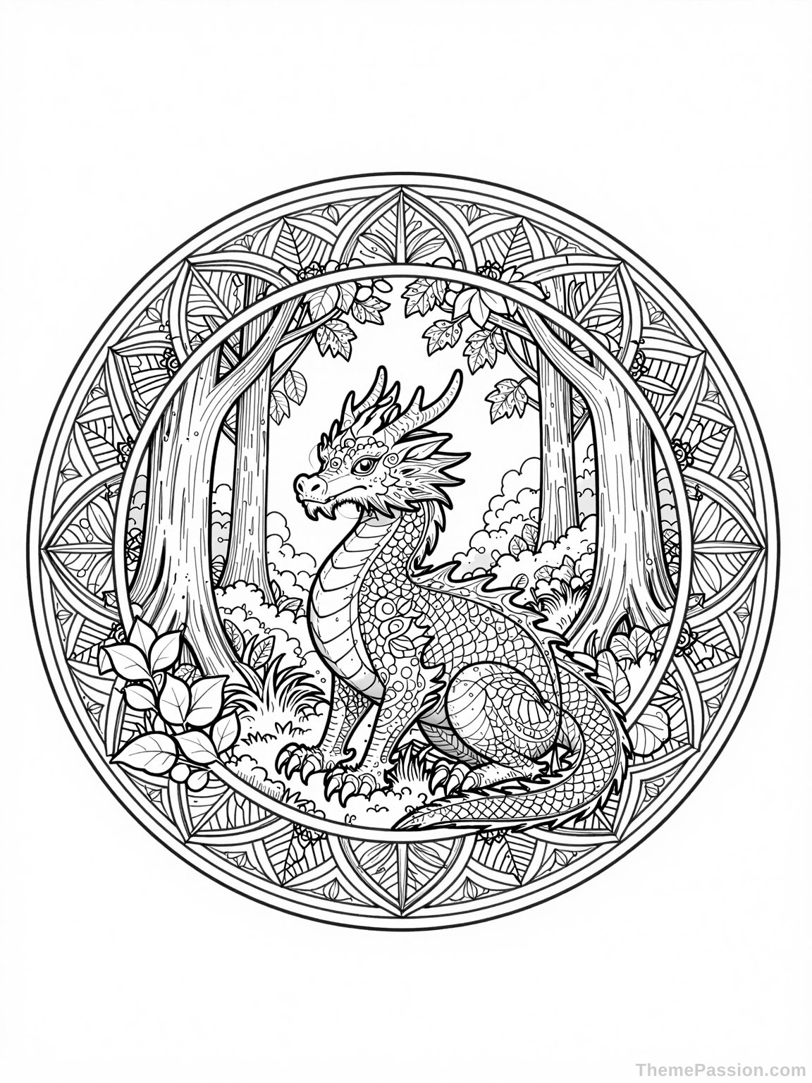 Dragon Mandala Forest Coloring Page