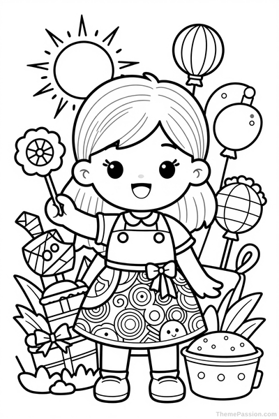 Cute Girl with Decorations Coloring Page