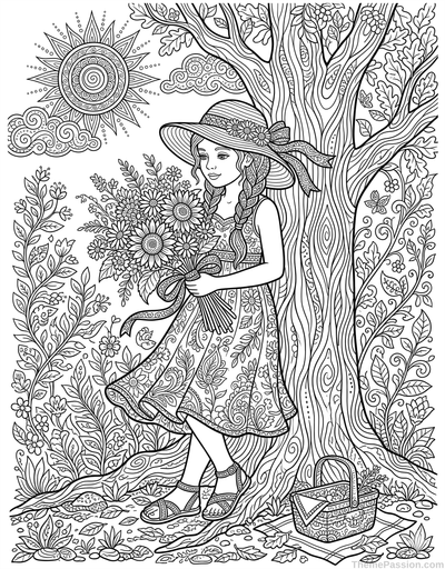 Girl with Flowers in Forest Coloring Page
