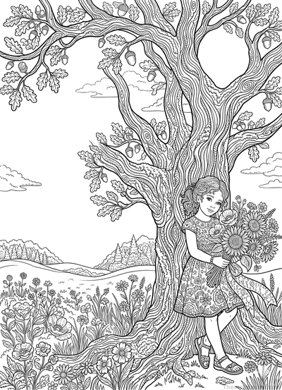 Girl Hugging Tree in Forest Coloring Page