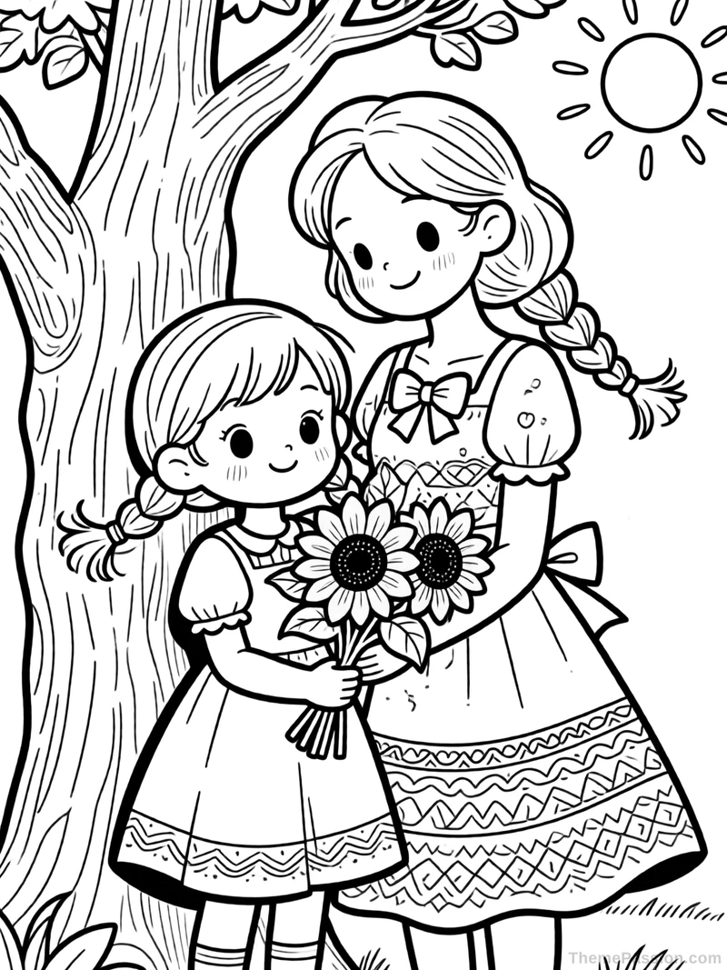 Girl and Mom Sunflower Birthday Coloring Page