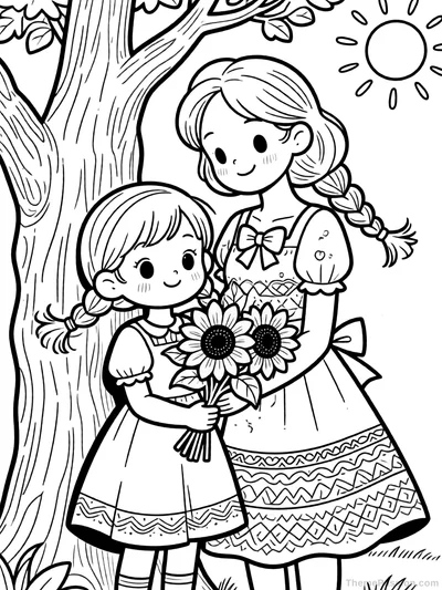 Girl and Mom Sunflower Birthday Coloring Page