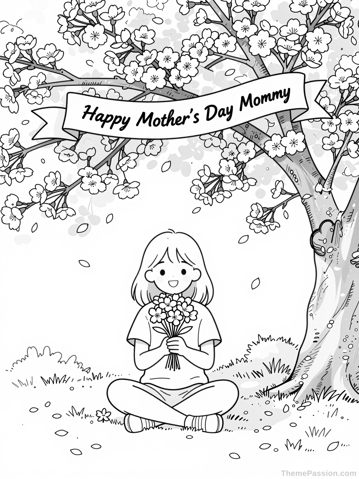 Girl with Cherry Blossoms Mother's Day Coloring Page