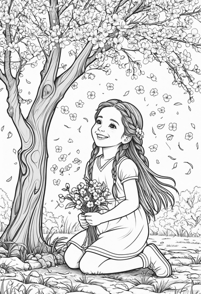 Girl with Flowers Under Tree Coloring Page