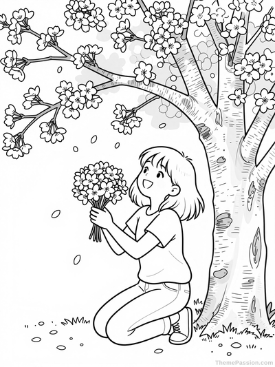 Tween Girl Under Cherry Blossom Trees Coloring Page