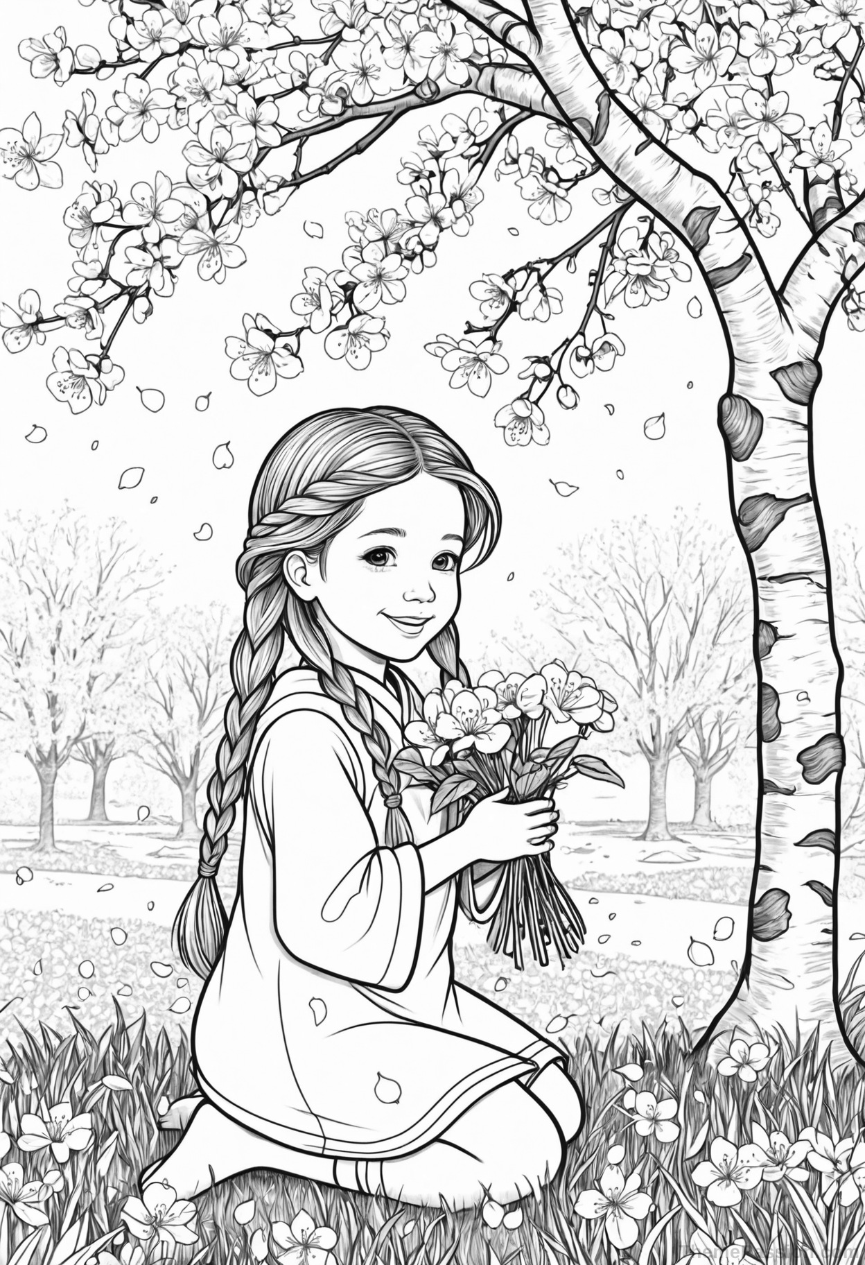 Girl with Flowers in Spring Garden Coloring Page