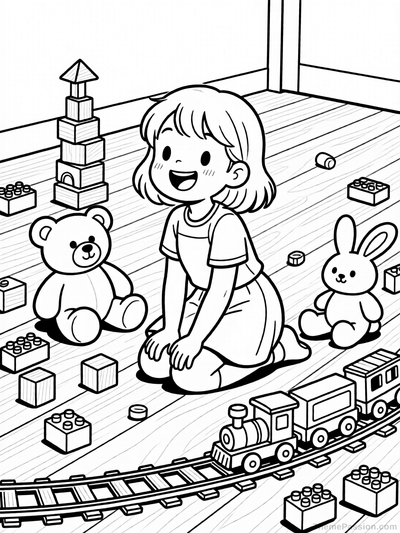 Girl Playing with Toys Coloring Page