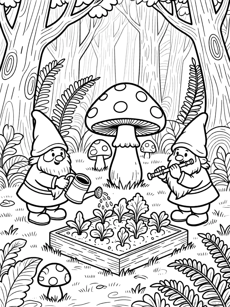 Forest Gnome Garden Coloring Page