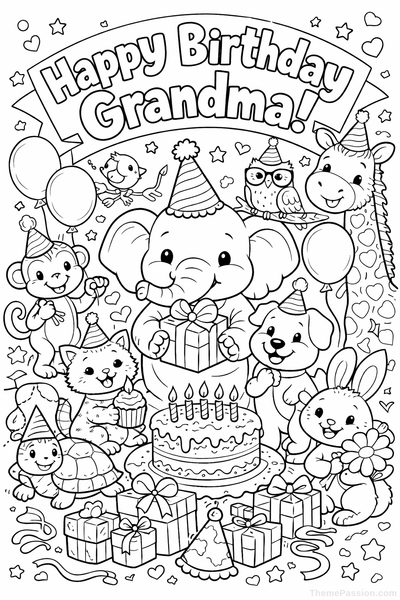Happy Birthday Grandma Animals Coloring Page