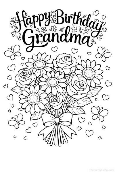Happy Birthday Grandma Floral Coloring Page