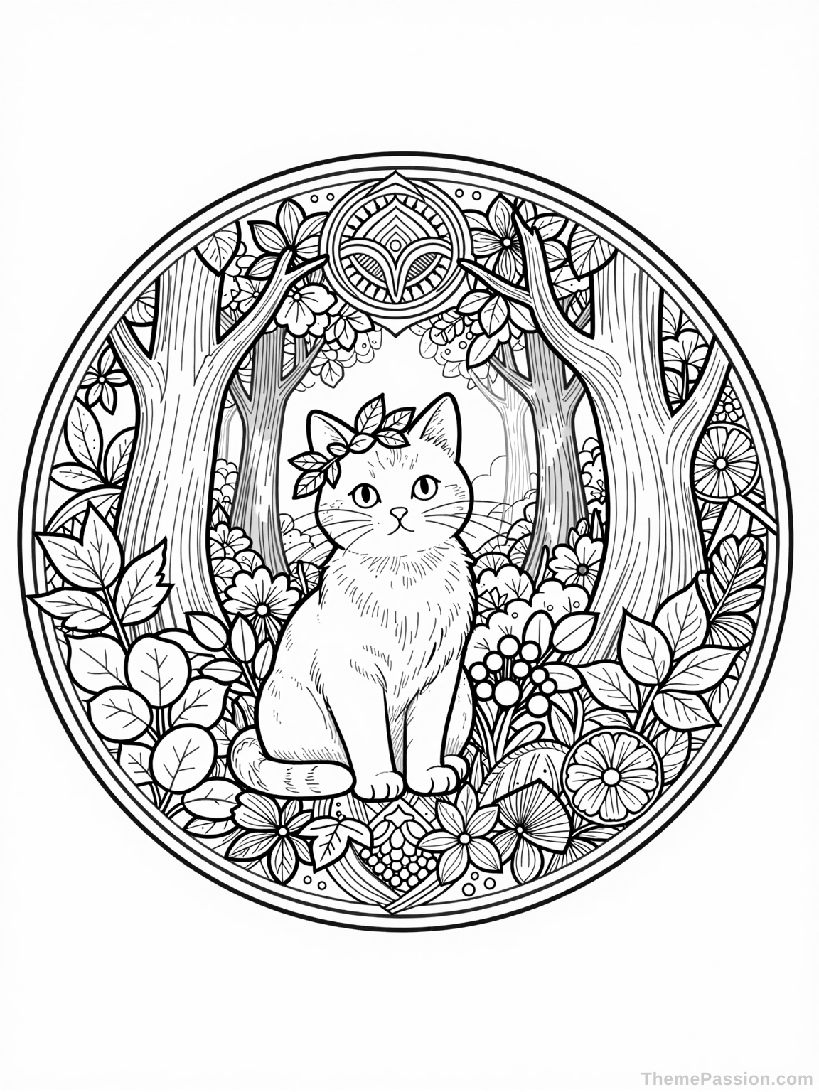 Kitten Mandala Forest Coloring Page
