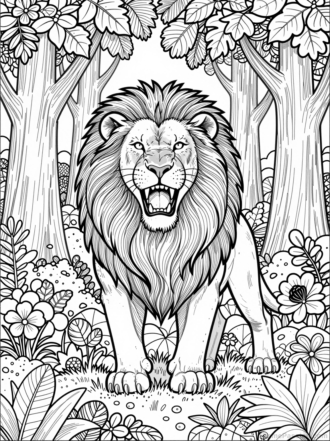 Roaring Lion in Forest Detailed Coloring Page