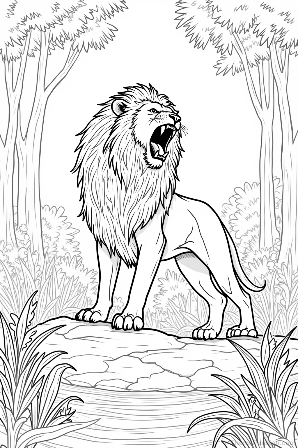 Majestic Lion Roaring in Forest Coloring Page