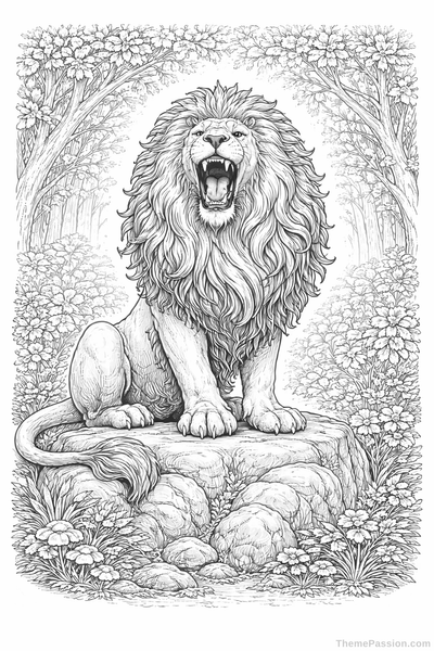 Majestic Lion in Forest Coloring Page