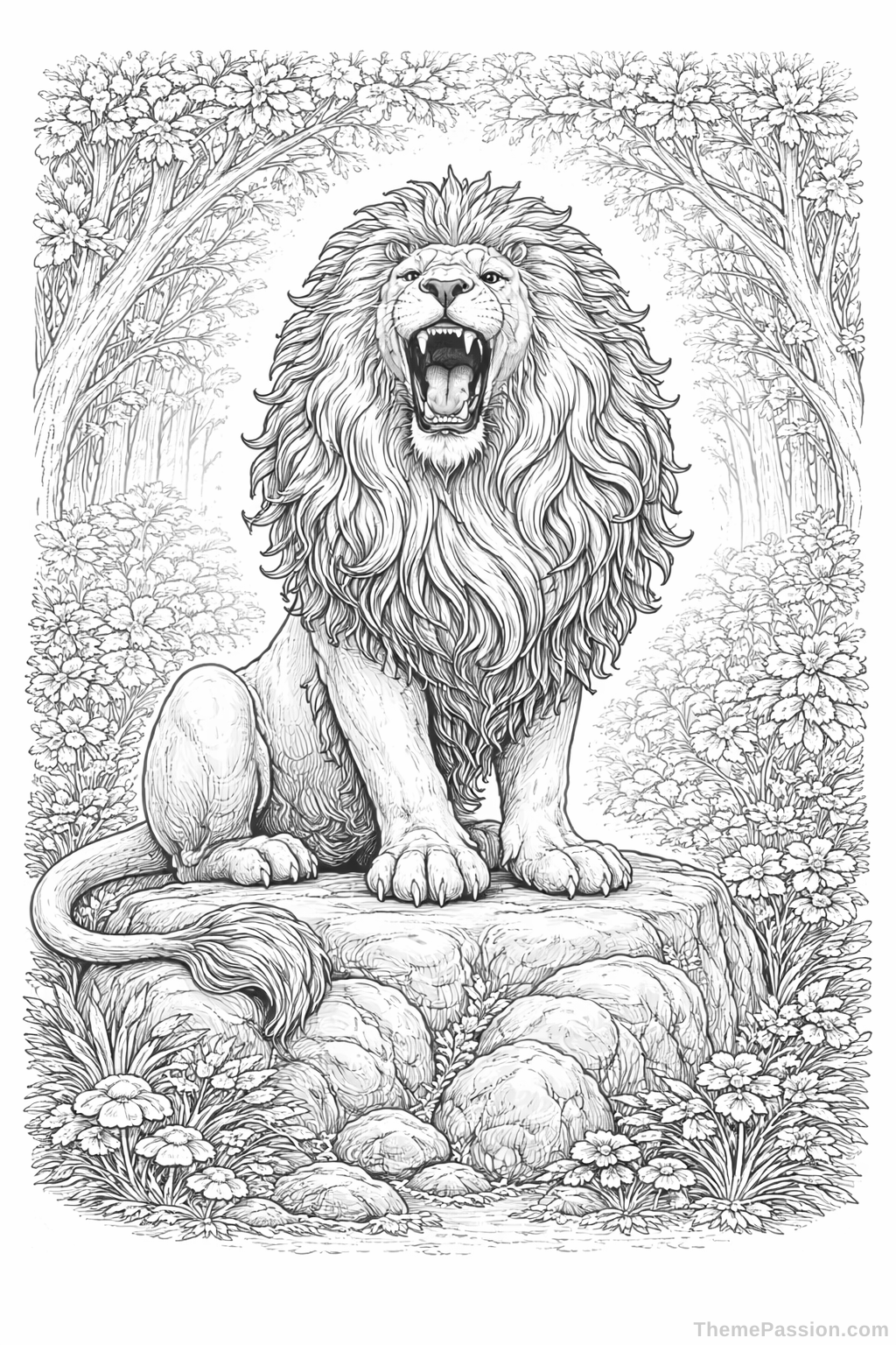 Majestic Lion in Forest Coloring Page