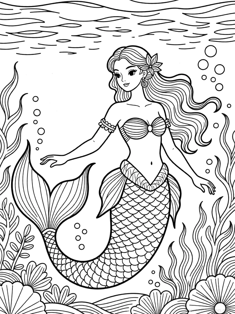 Magical Mermaid Underwater Coloring Page