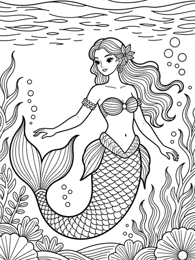 Magical Mermaid Underwater Coloring Page