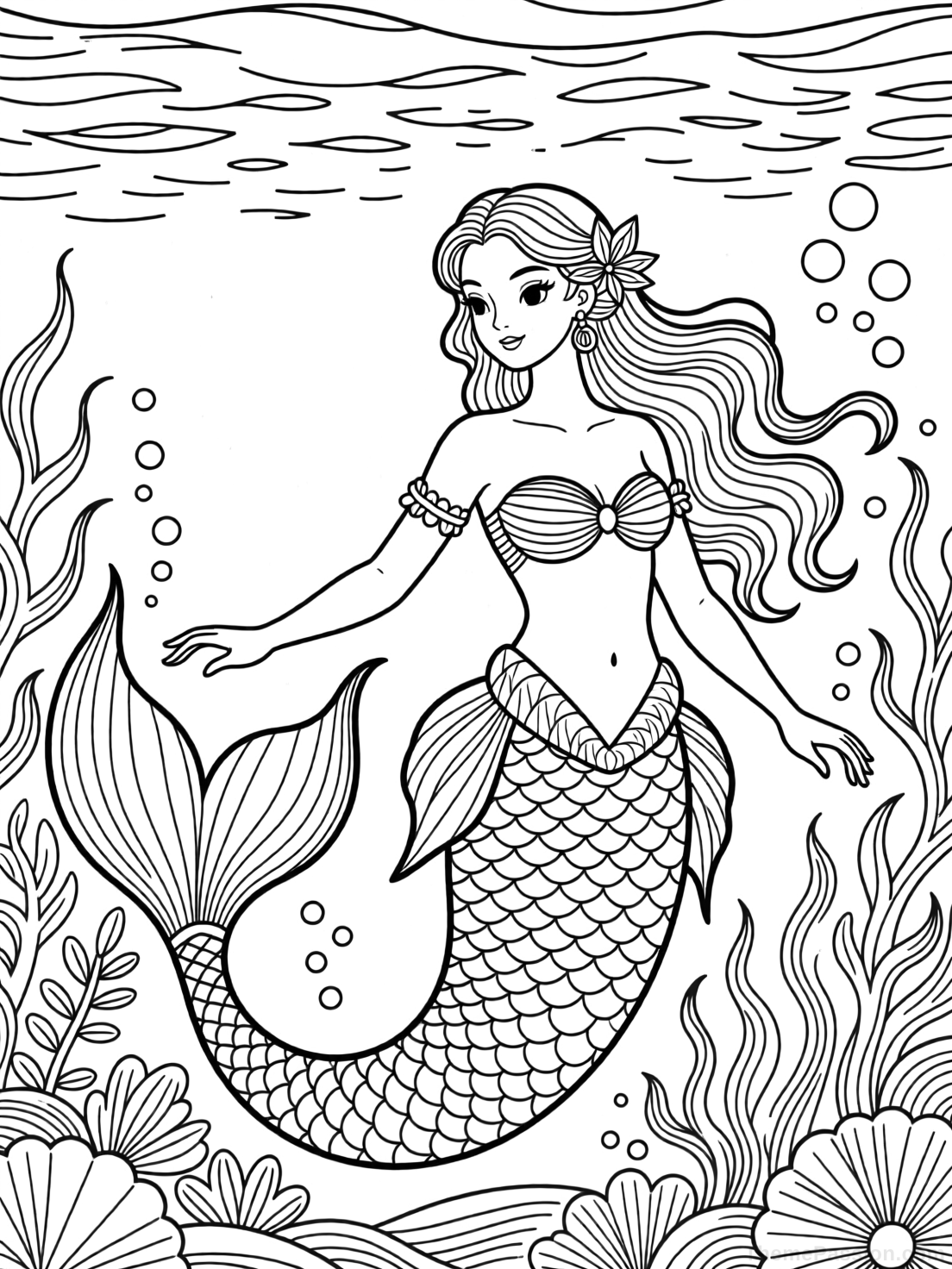 Magical Mermaid Underwater Coloring Page