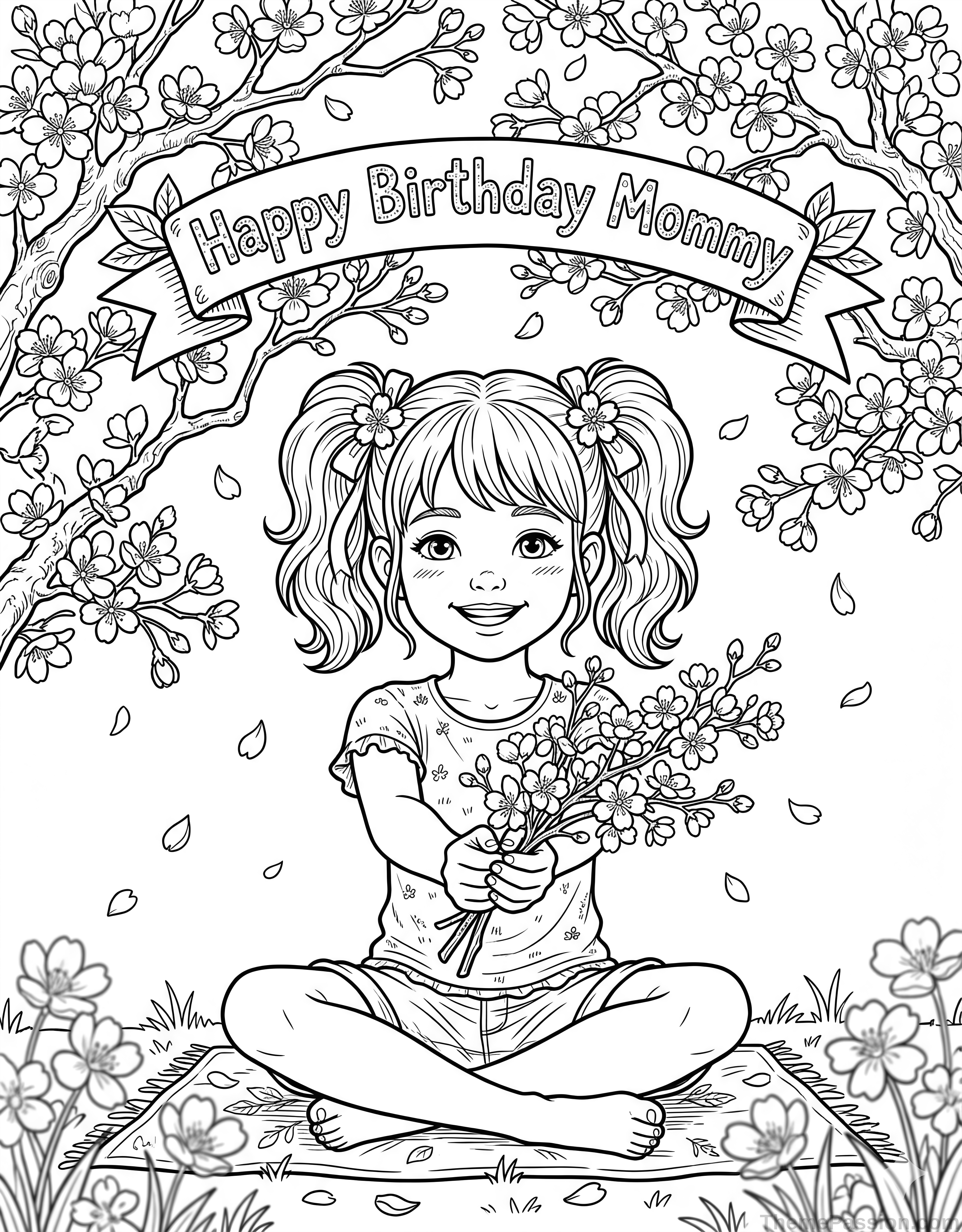 Happy Birthday Mommy Floral Coloring Page