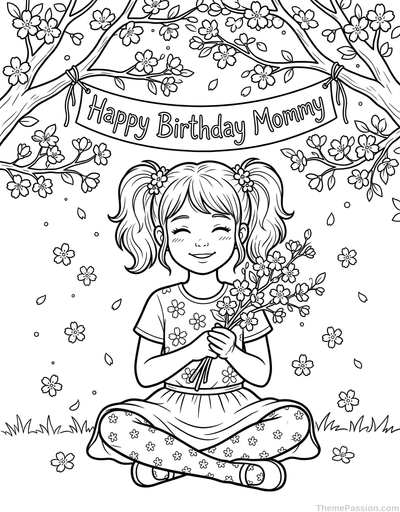 Happy Birthday Mommy Floral Coloring Page