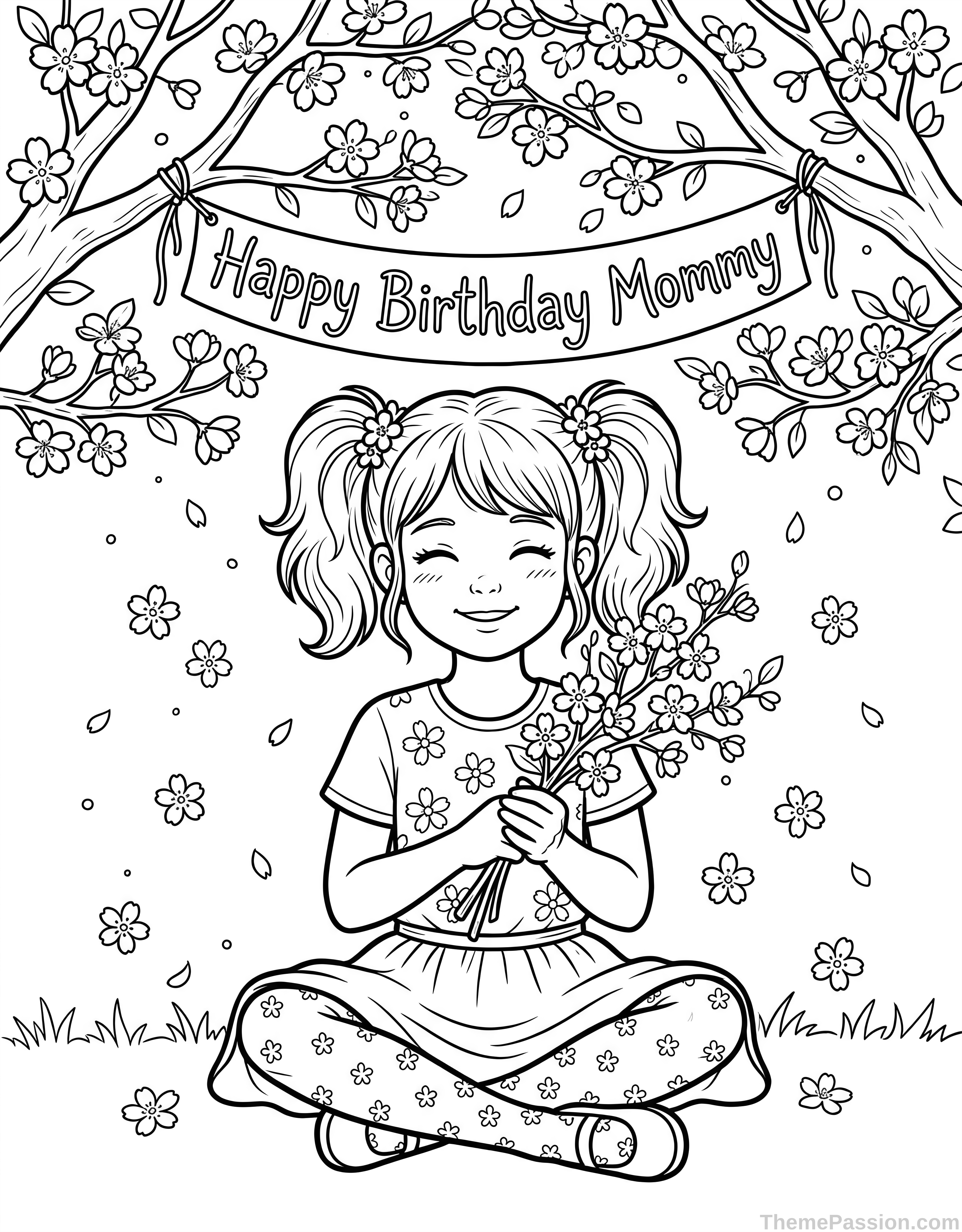 Happy Birthday Mommy Floral Coloring Page