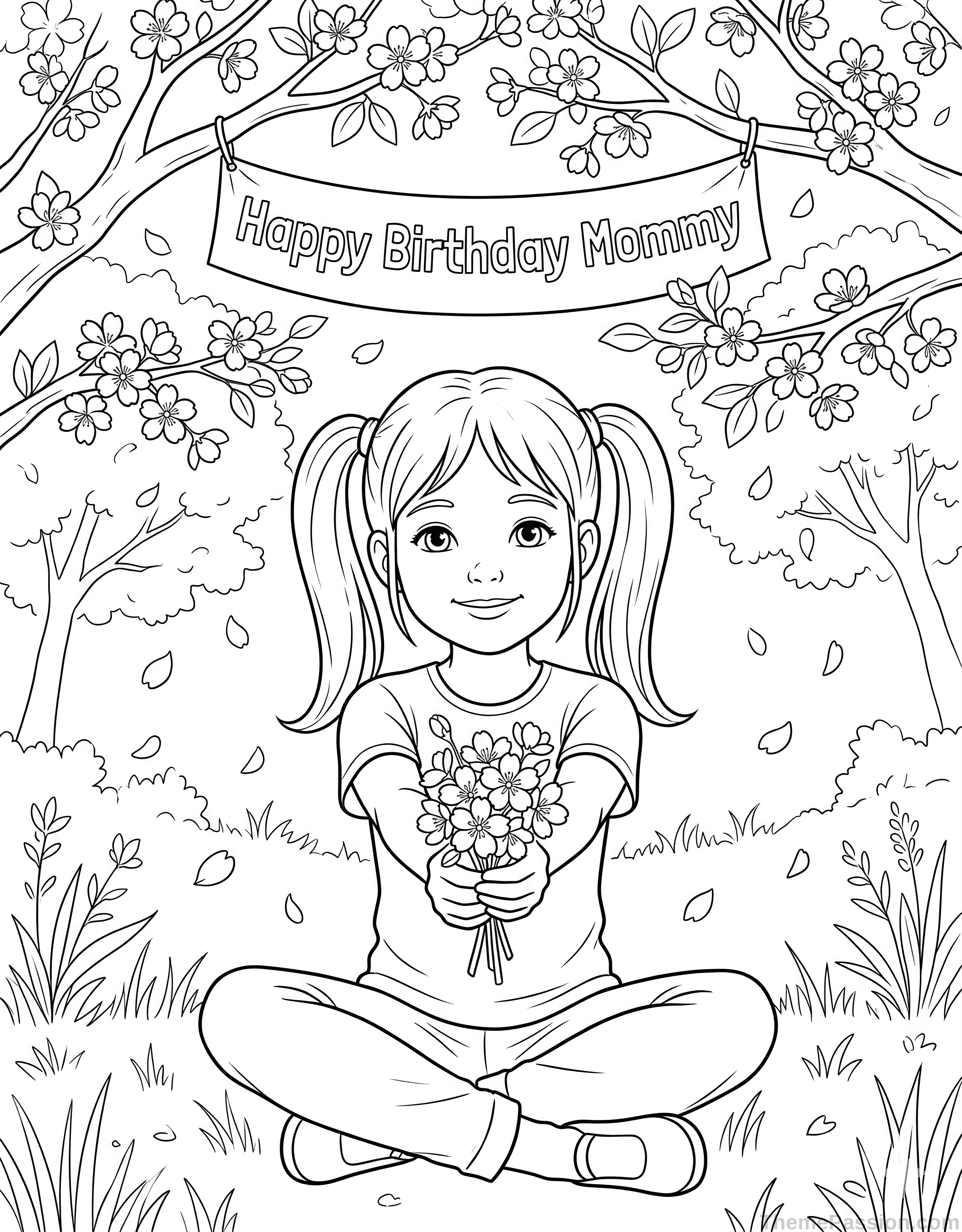 Happy Birthday Mommy Floral Coloring Page