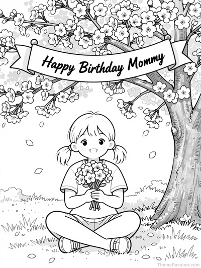 Happy Birthday Mommy Floral Coloring Page