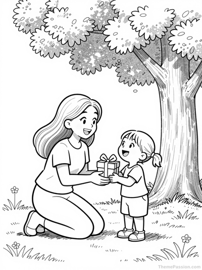 Mother and Daughter Gift Giving Coloring Page