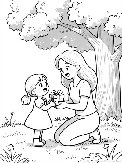 Mother and Daughter Gift Giving Coloring Page