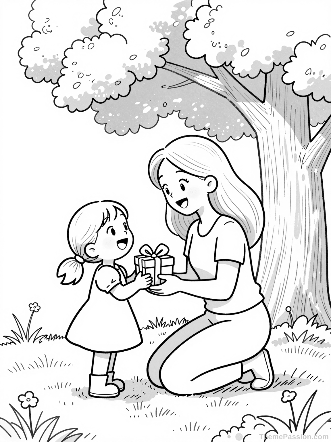 Mother and Daughter Gift Giving Coloring Page