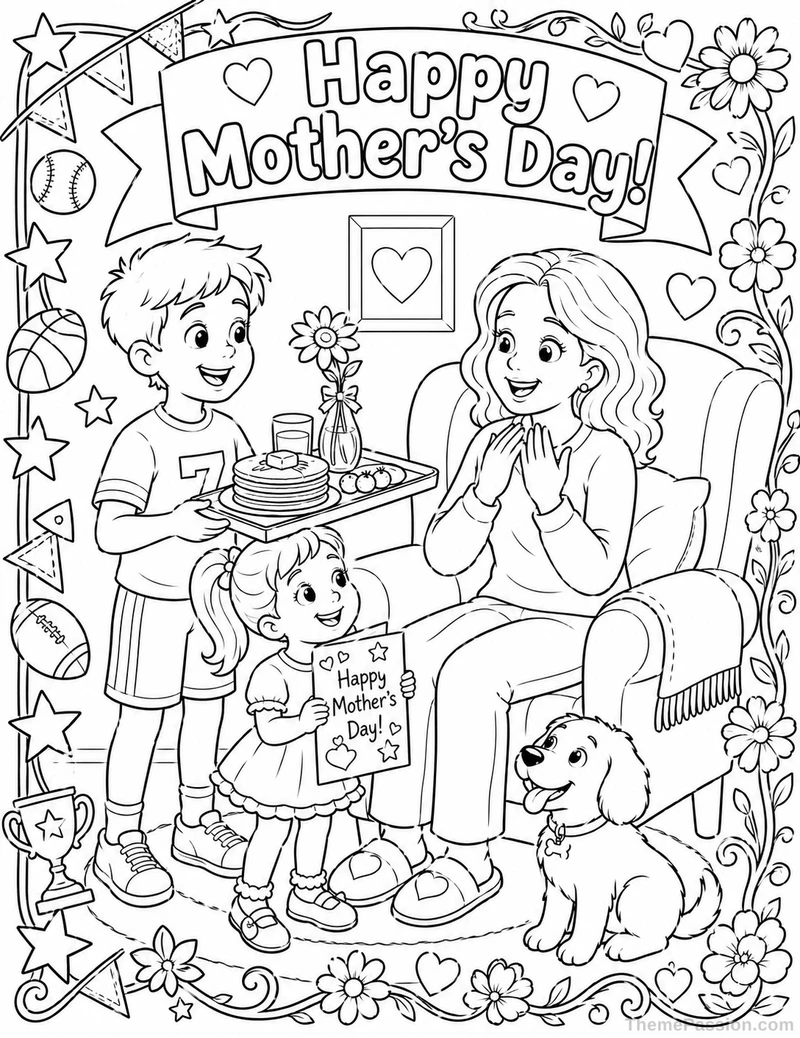 Happy Mother's Day Family Celebration Coloring Page