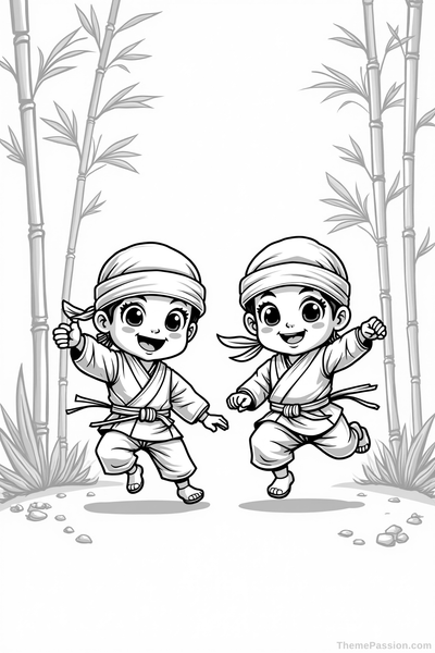 Ninja Children Action Coloring Page