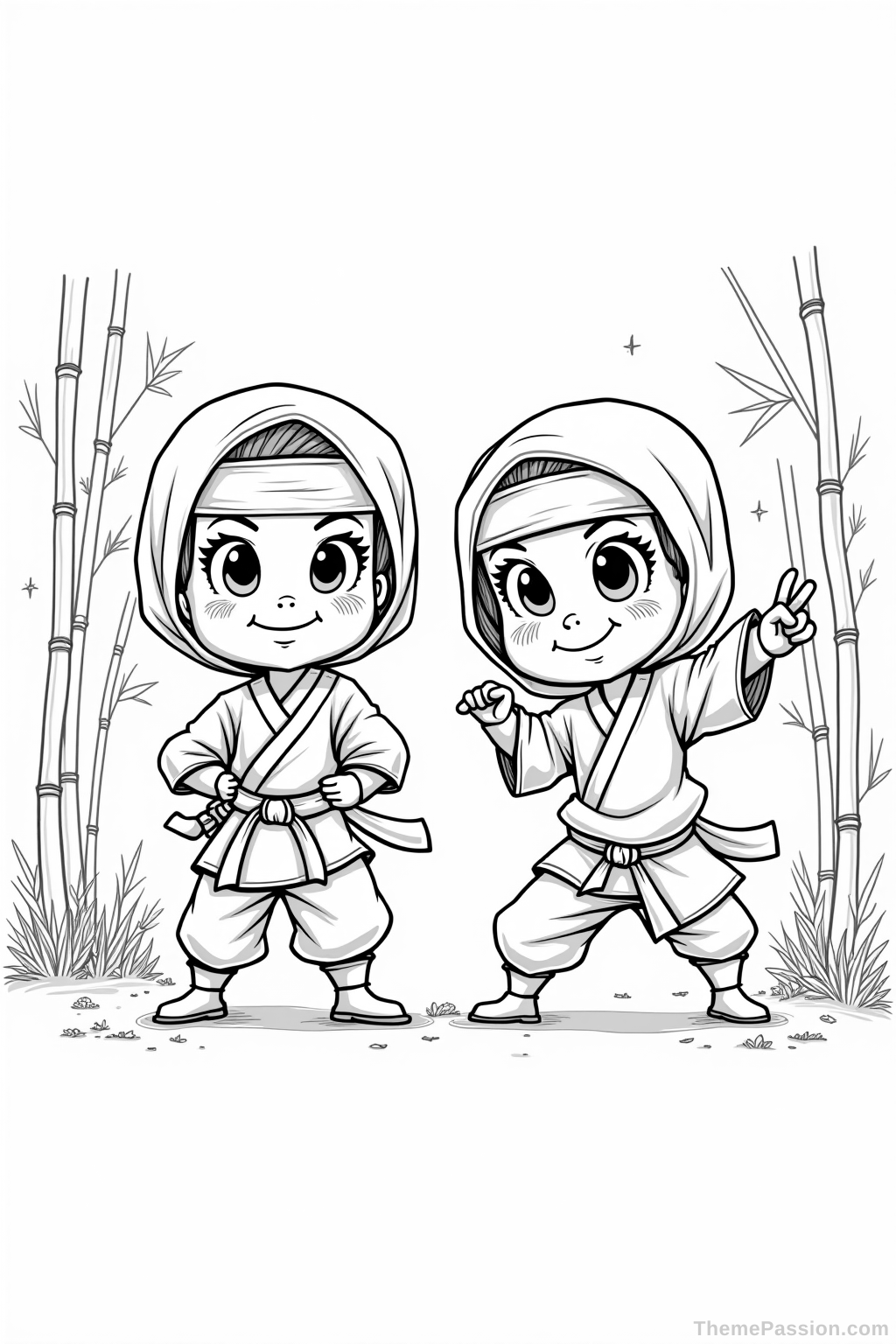 Ninja Kids Action Coloring Page