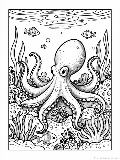 Detailed Octopus Underwater Ocean Coloring Page
