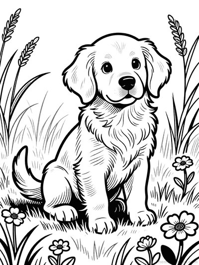 Golden Retriever Puppy in a Flower Garden Coloring Page