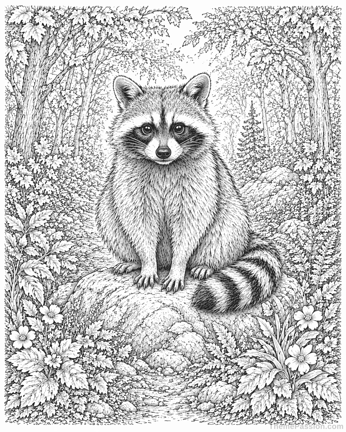 Raccoon in Forest Coloring Page