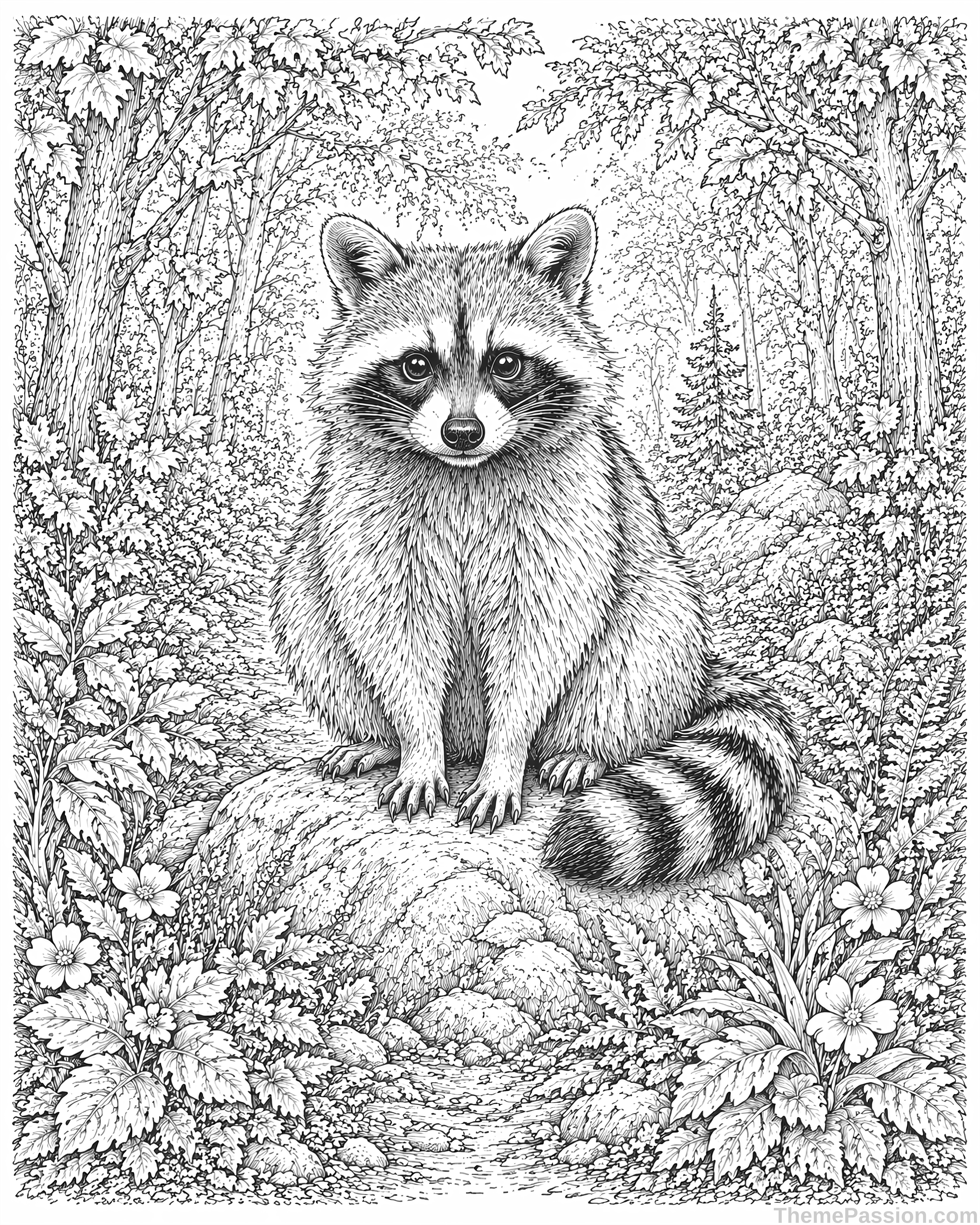 Raccoon in Forest Coloring Page