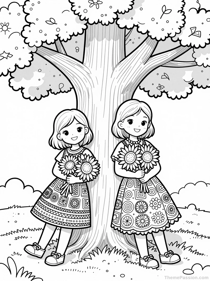 Sisters Sunflower Birthday Coloring Page
