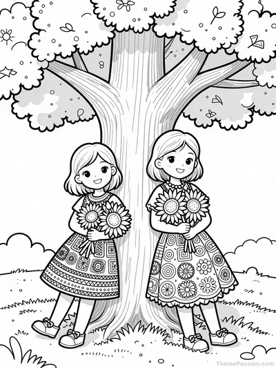 Sisters Sunflower Birthday Coloring Page