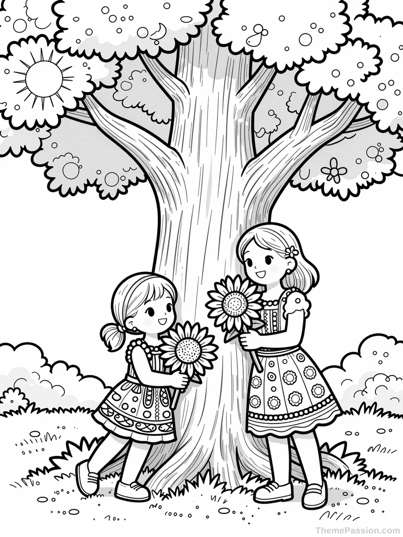 Sisters Birthday Sunflower Tree Coloring Page