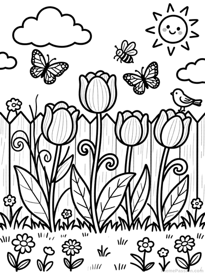 Spring Tulip Garden Coloring Page