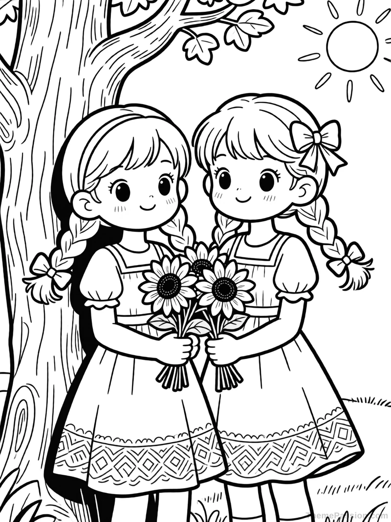 Two Sisters Birthday Sunflower Coloring Page